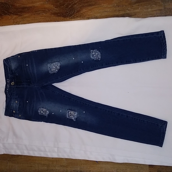 Pink Velvet Beaded Jeans for Girls - Picture 1 of 4